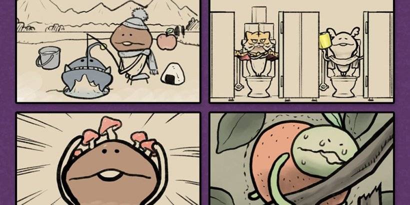 네 개의 패널. 왼쪽 상단에는 작은 얼음 구멍으로 큰 물고기를 통과시키려는 버섯이 shown. 오른쪽 상단에는 공중화장실에서 화장실 휴지를 들고 변기에 앉아 있는 버섯이 shown. 왼쪽 하단에는 머리 위에 작은 버섯들이 있는 버섯이 shown. 오른쪽 하단에는 가지에서 오렌지를 밀어내려는 녹색 버섯이 shown