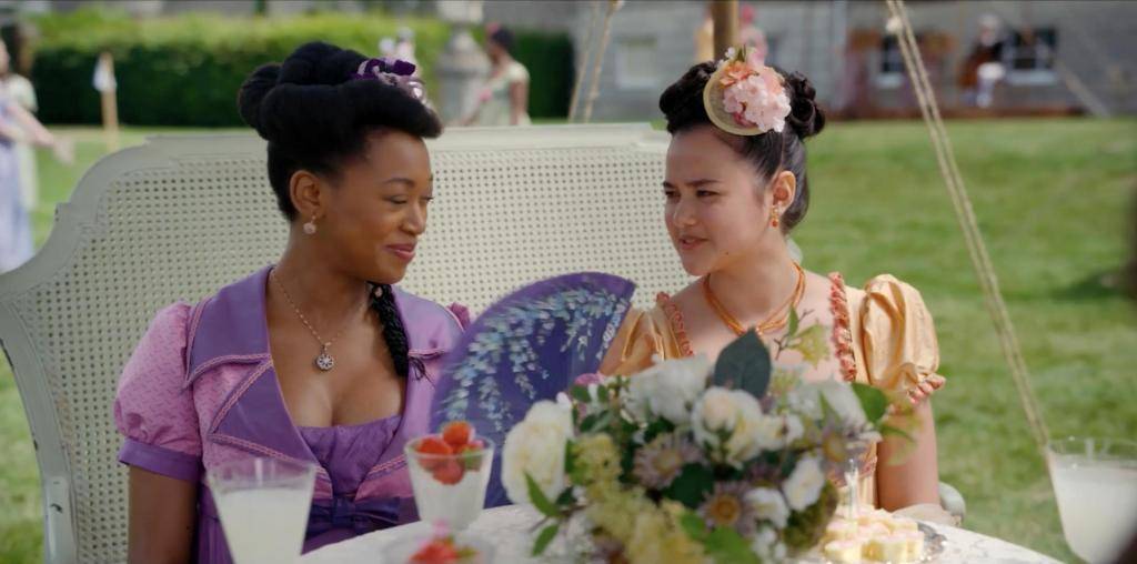 Kaja Chan (left) is Mio’s voice actor in Split Fiction. She’s pictured above in *Bridgerton*.