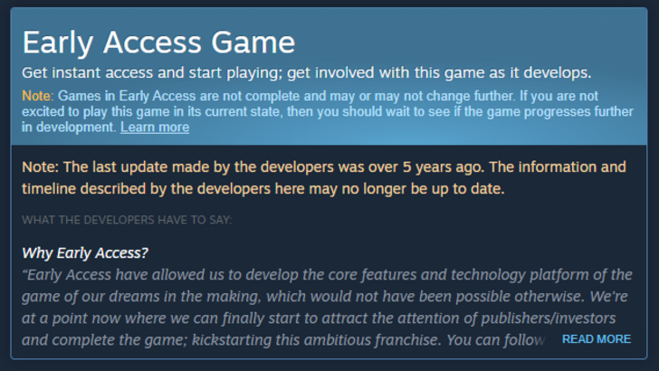 Warning for abandoned early access games
