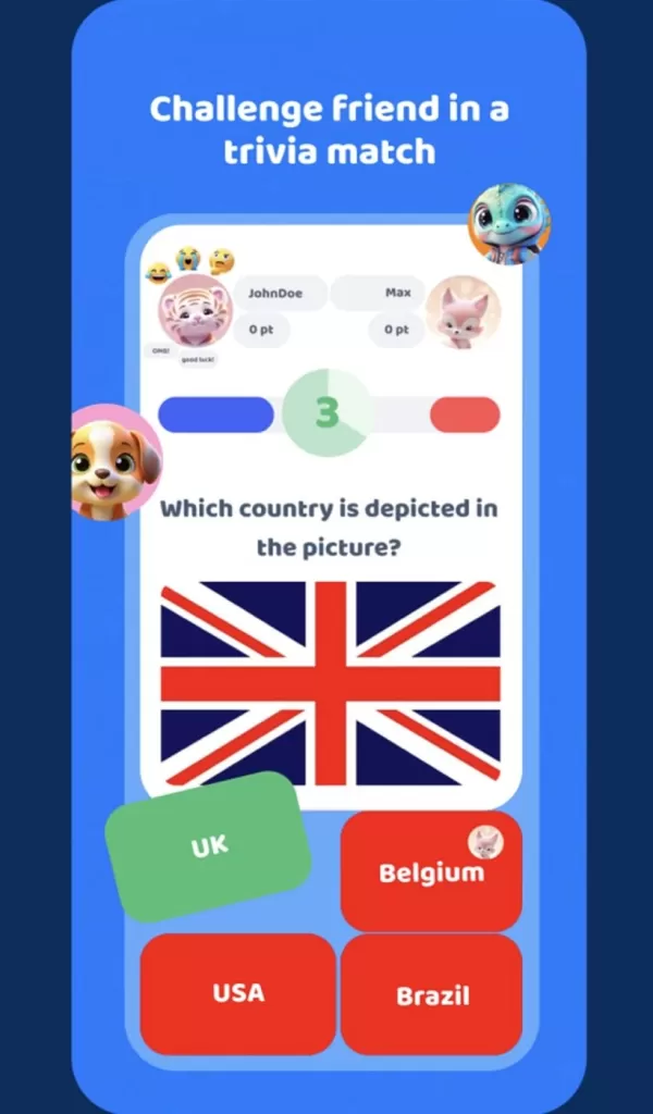A screenshot of a quiz game with multiple answers to determine what country the Union Jack flag is for.