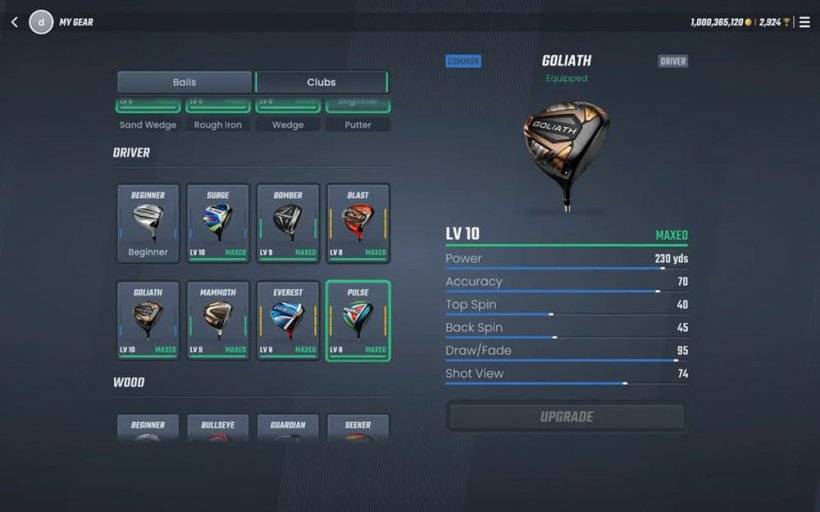 Uno screenshot di un menu in PGA Tour Pro Golf che mostra una varietà di club e attrezzature a cui aggiornare