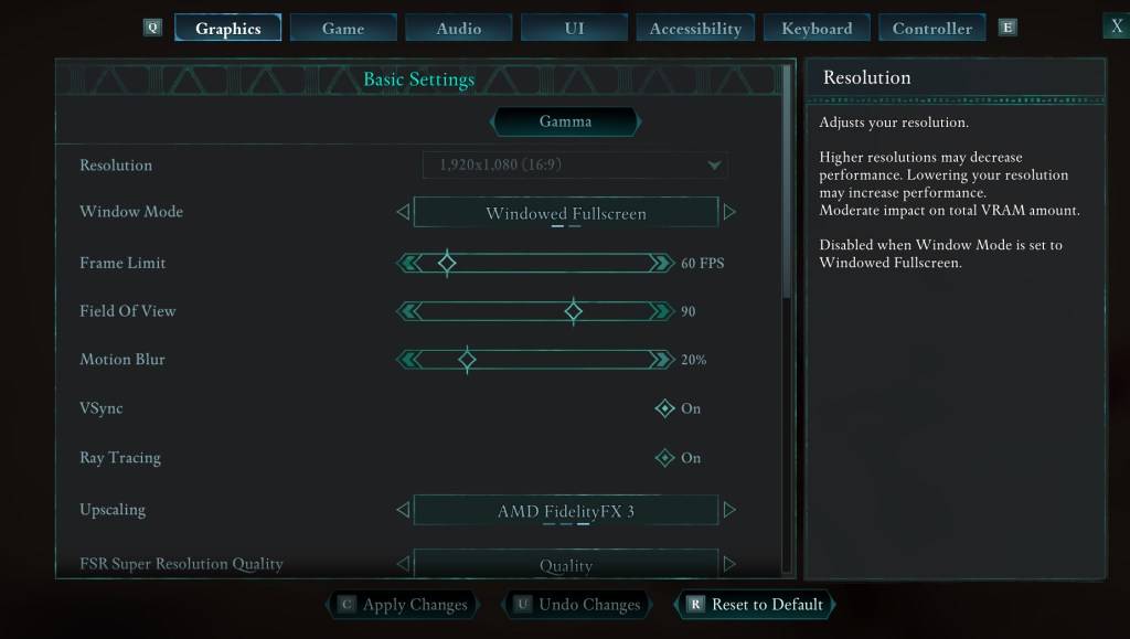 Avowed Settings Menu - Field of View and Motion Blur